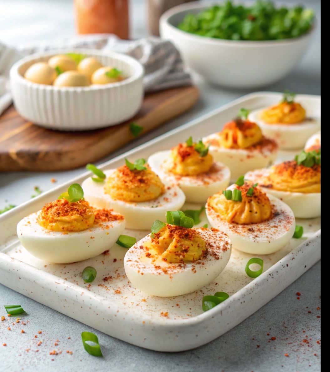 spicy-deviled-eggs-arranged-on-a-white-ceramic-pla