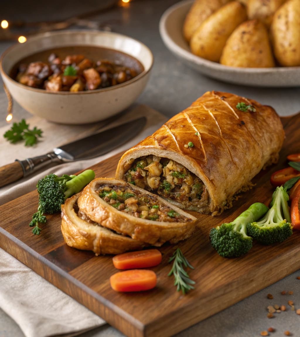 vegan-nut-roast-wellington-sliced-open-on-a-wooden