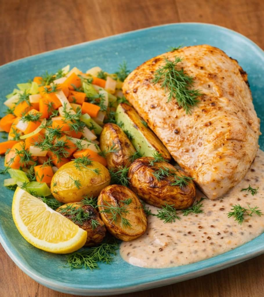 Breiflabb med ostesaus og grønnsaker