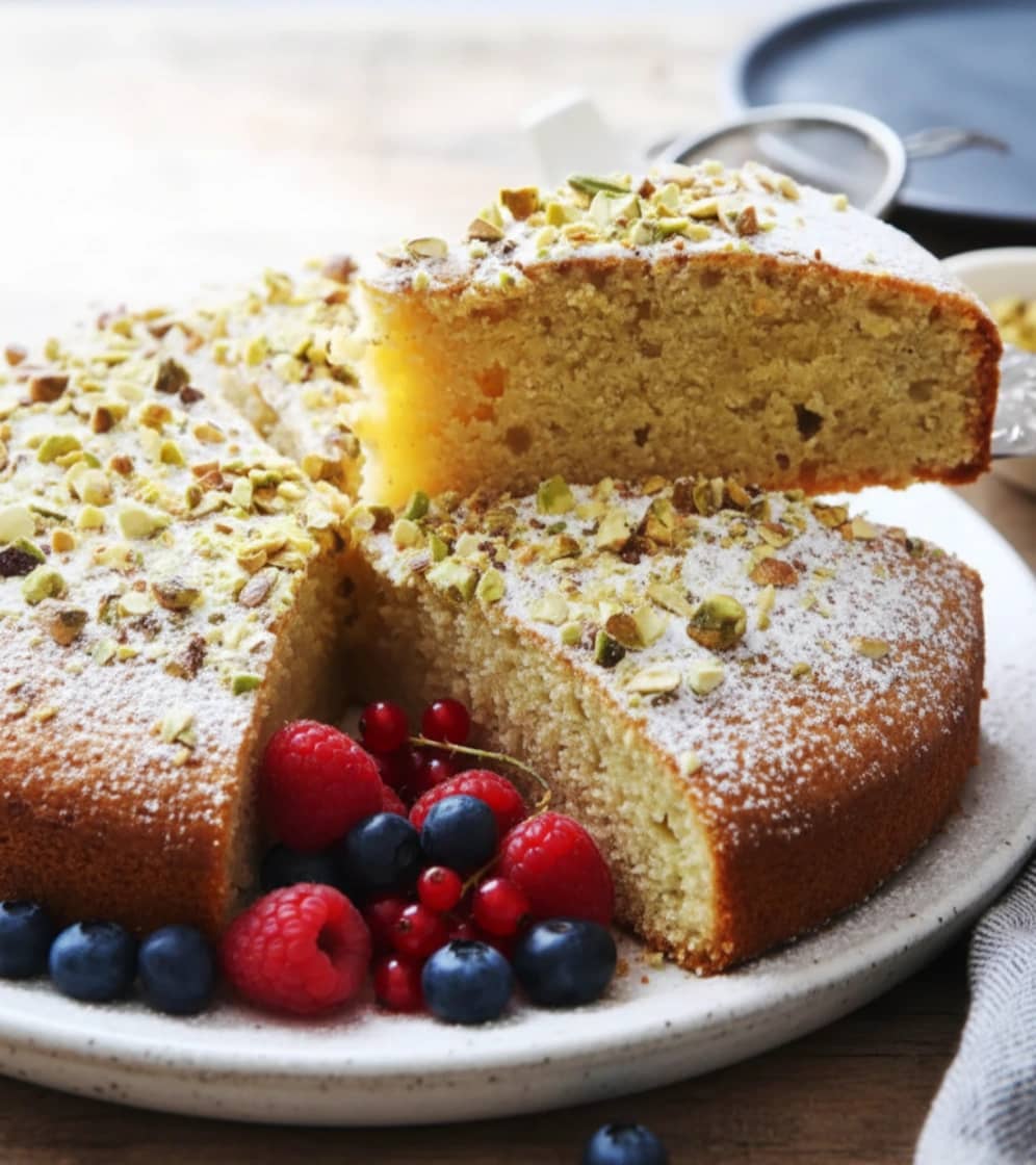 a-moist-almond-cake-topped-with-powdered-sugar-and