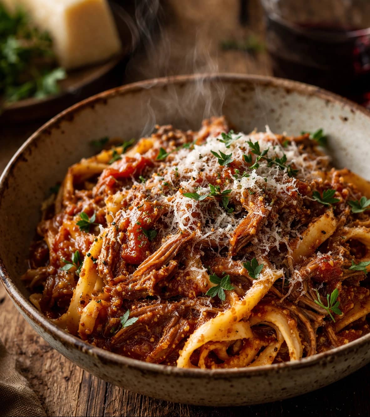 Rustic pasta with tomato meat sauce