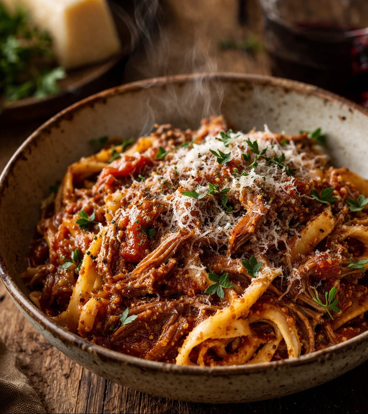 Rustic pasta with tomato meat sauce