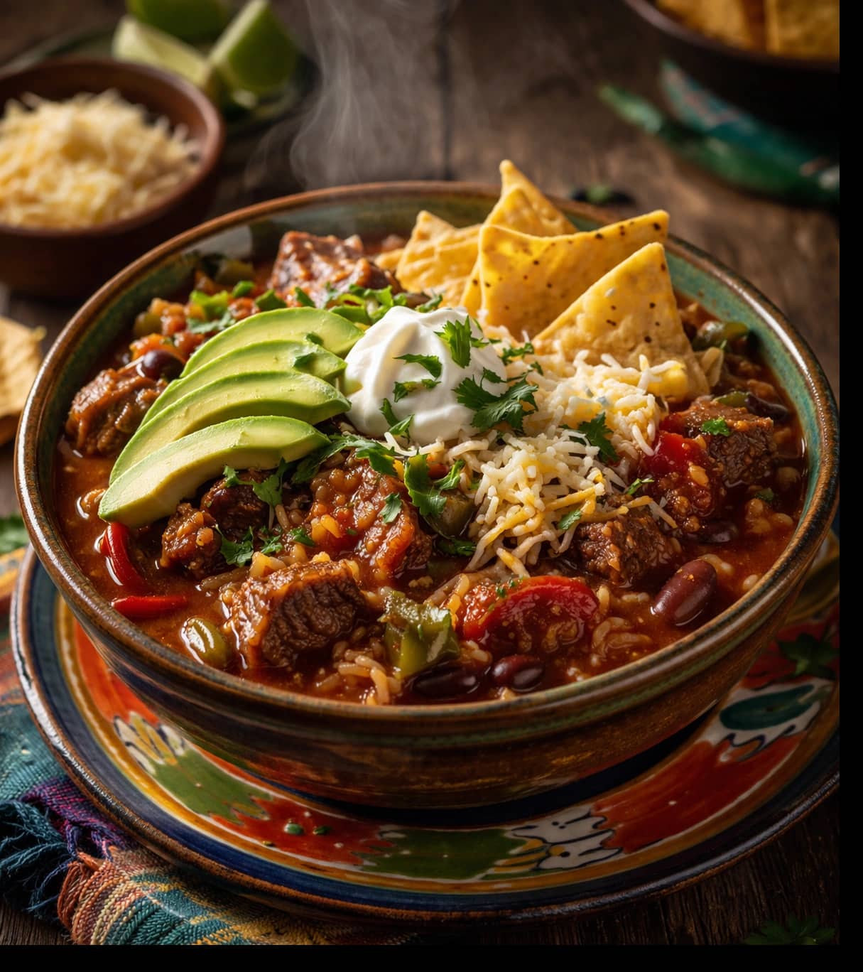 Hearty chili stew with vibrant toppings