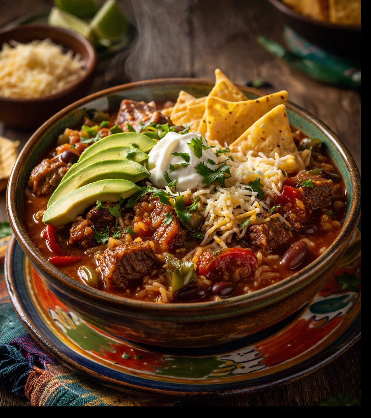 Hearty chili stew with vibrant toppings