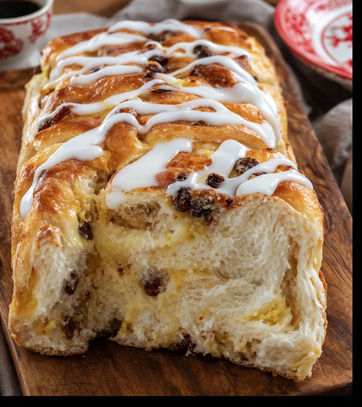 Delicious pastry with white icing drizzle