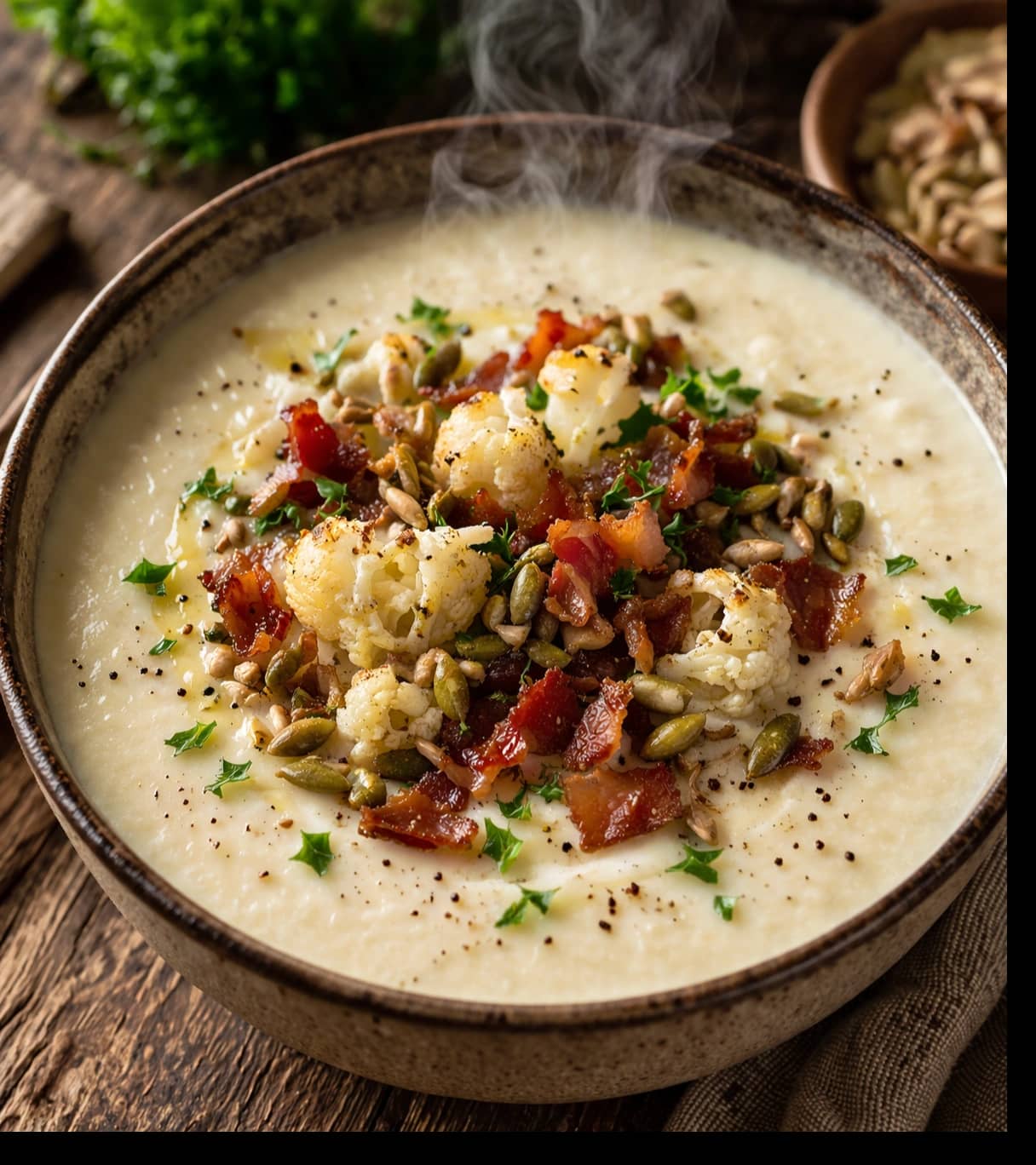 Warm creamy soup with crispy toppings
