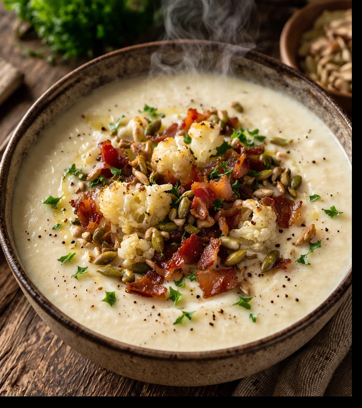 Warm creamy soup with crispy toppings