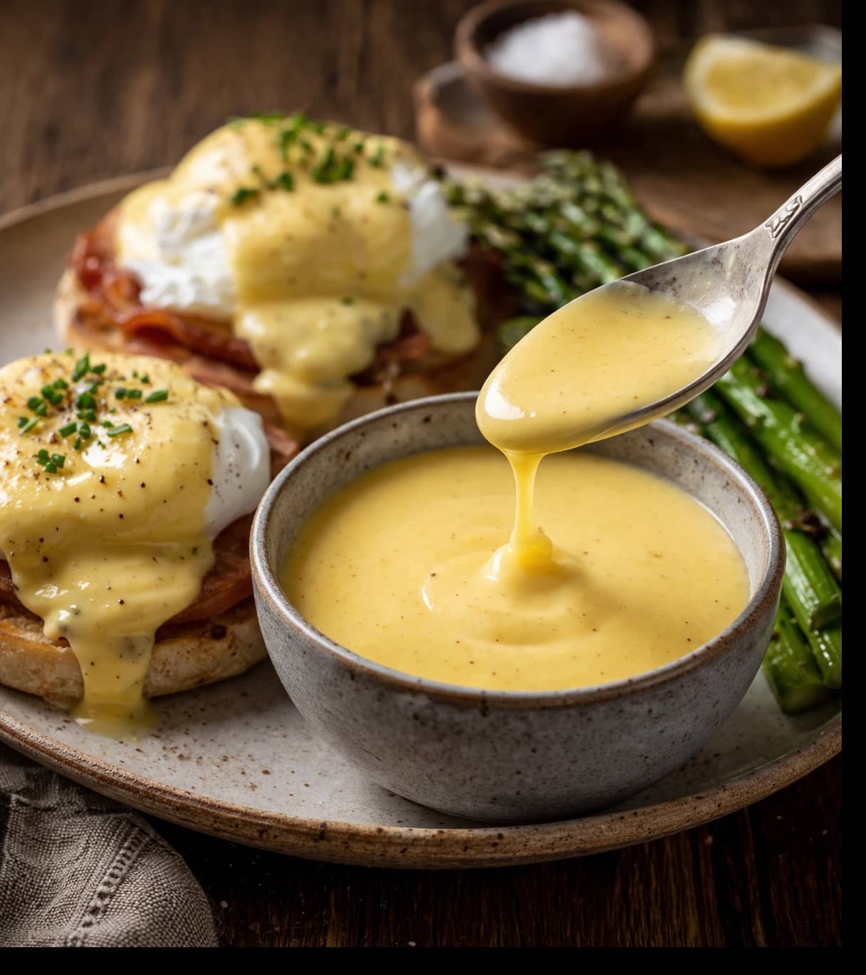 Eggs Benedict with hollandaise and asparagus