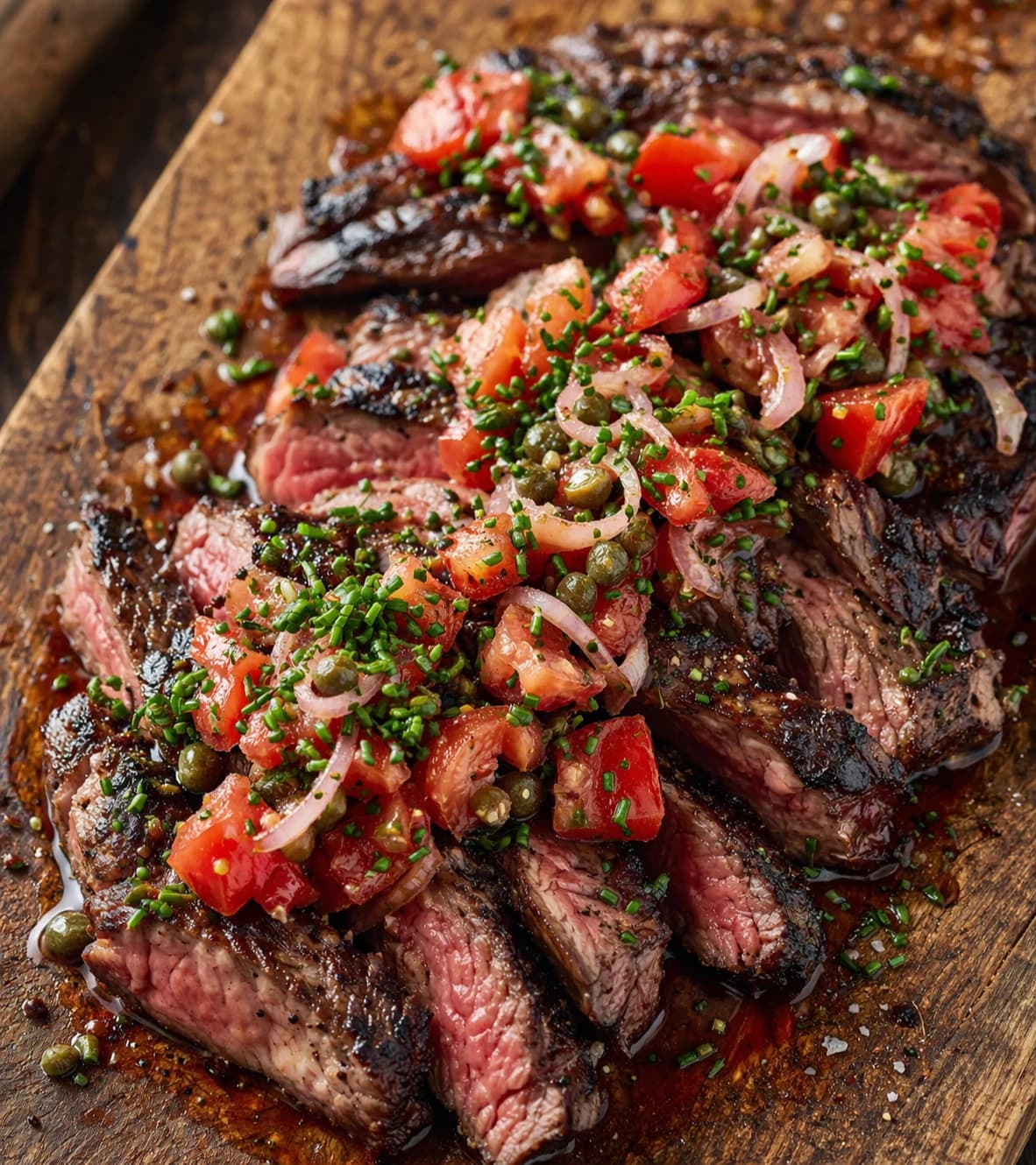 Grilled steak with salsa and herbs