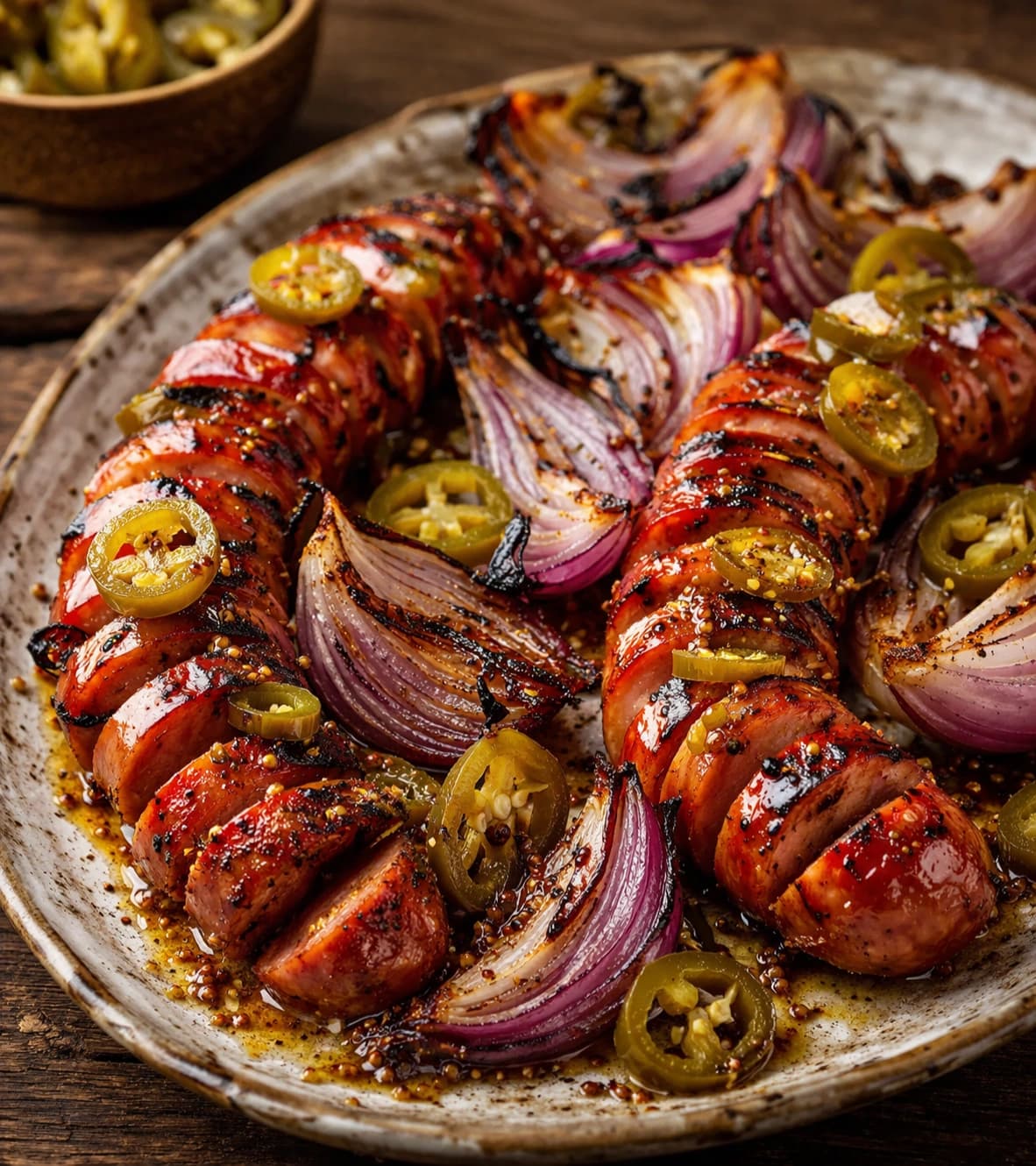 Grilled sausages with roasted vegetables