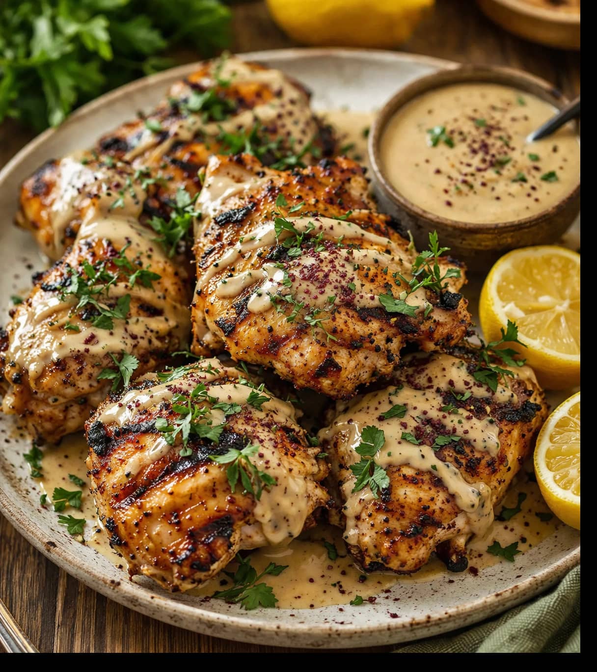 Grilled chicken with creamy sauce and lemon