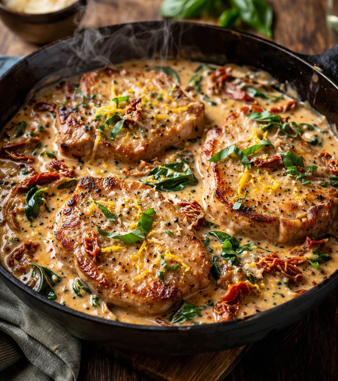 Creamy pork chops in rustic skillet