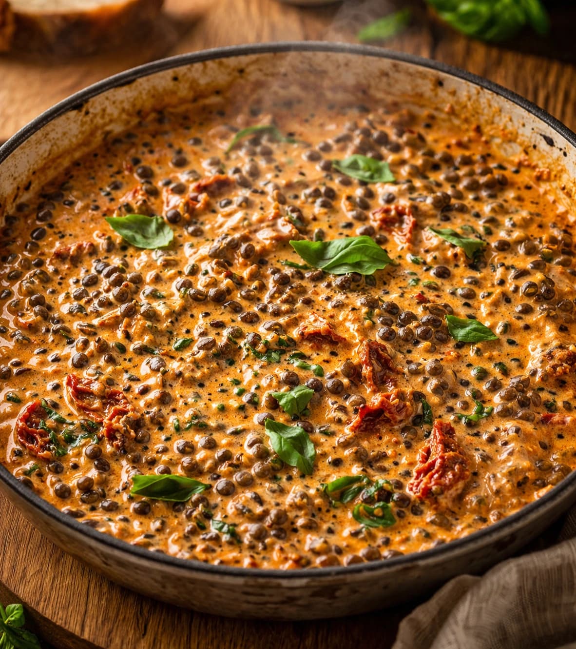 Rustic creamy lentil skillet scene