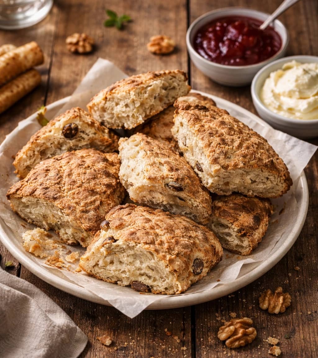 Valnøttscones med honning og rosiner