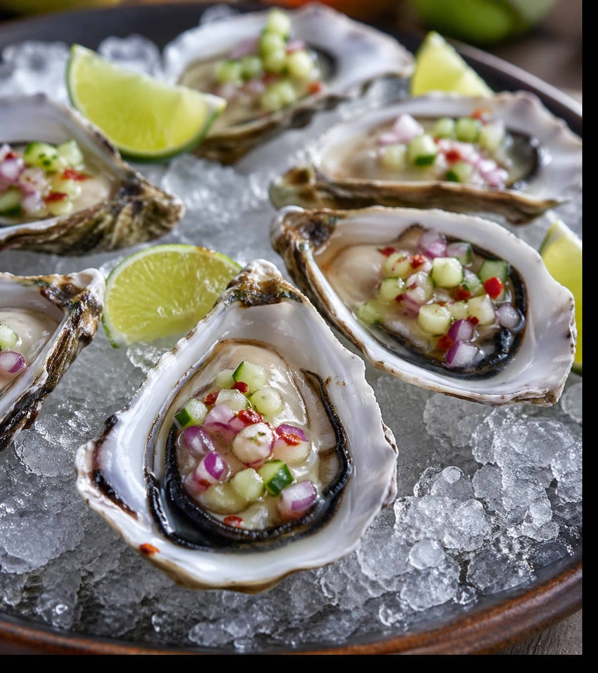 Stillehavsøsters med lime, chili, rødløk og agurk