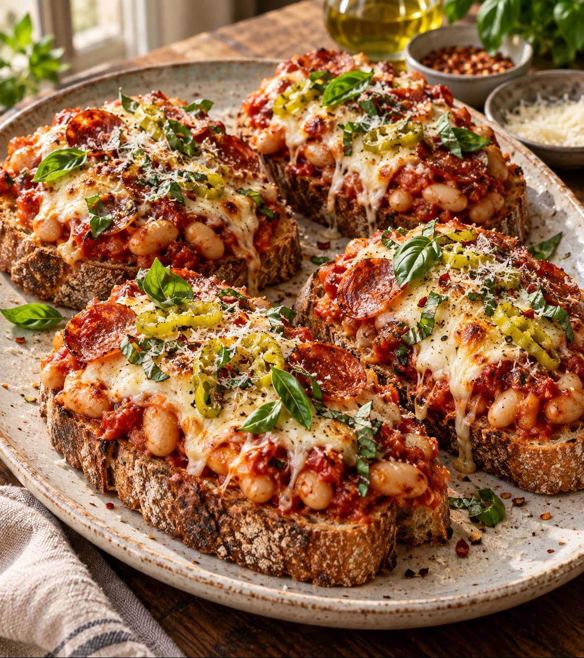 Rustic Pepperoni Bean Bruschetta Toasts