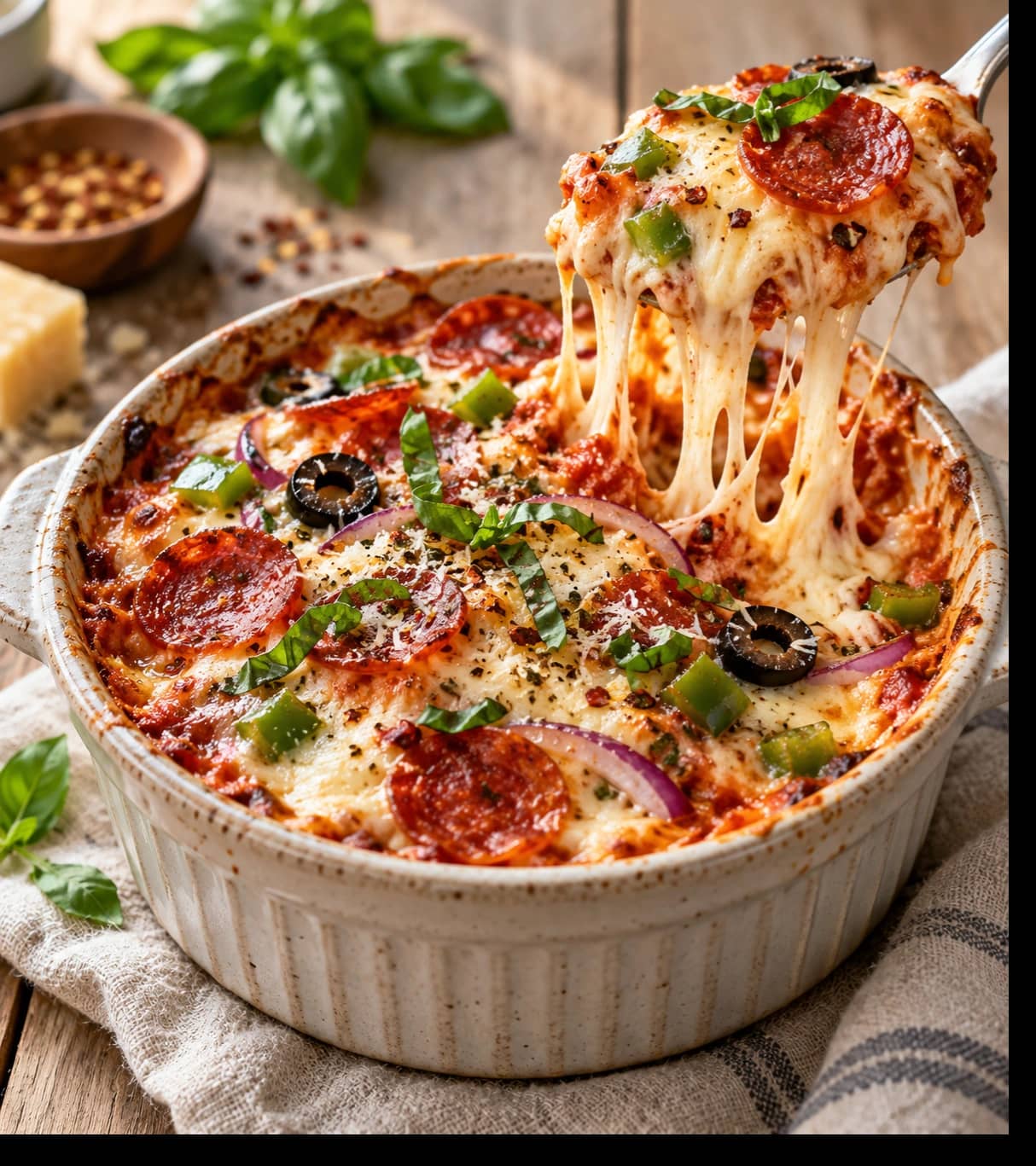 Cheesy Pepperoni Pizza Bake with Basil