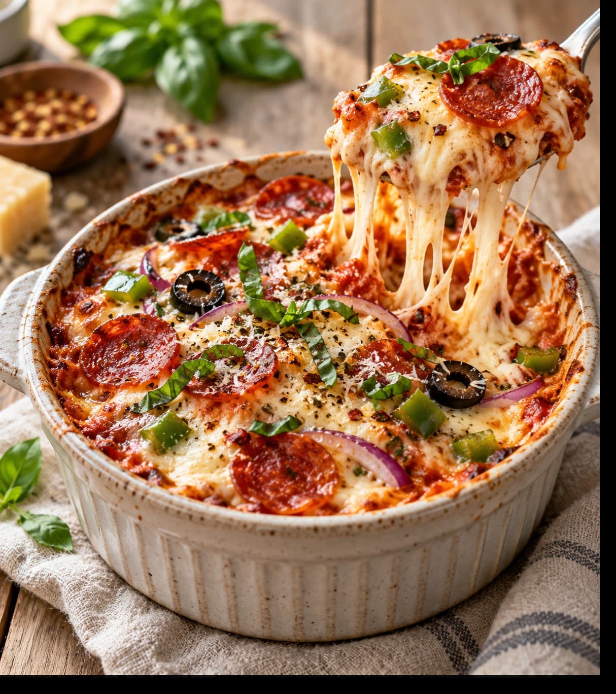 Cheesy Pepperoni Pizza Bake with Basil