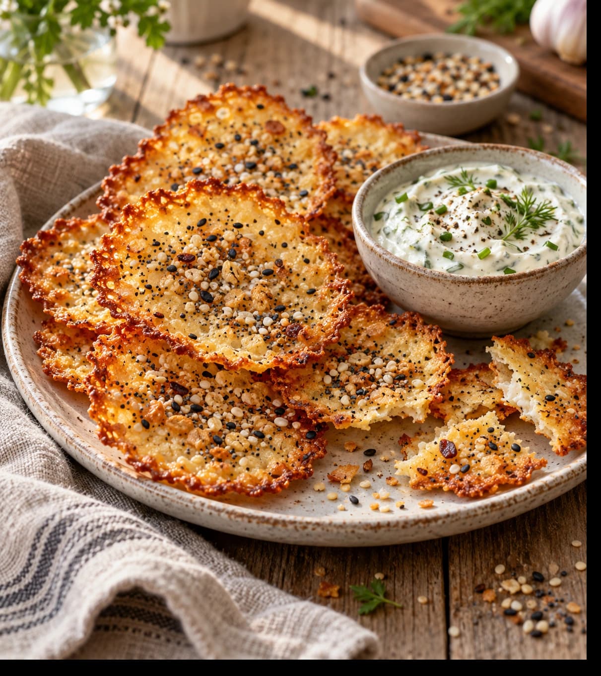 Golden Seeded Crisps with Herbed Dip