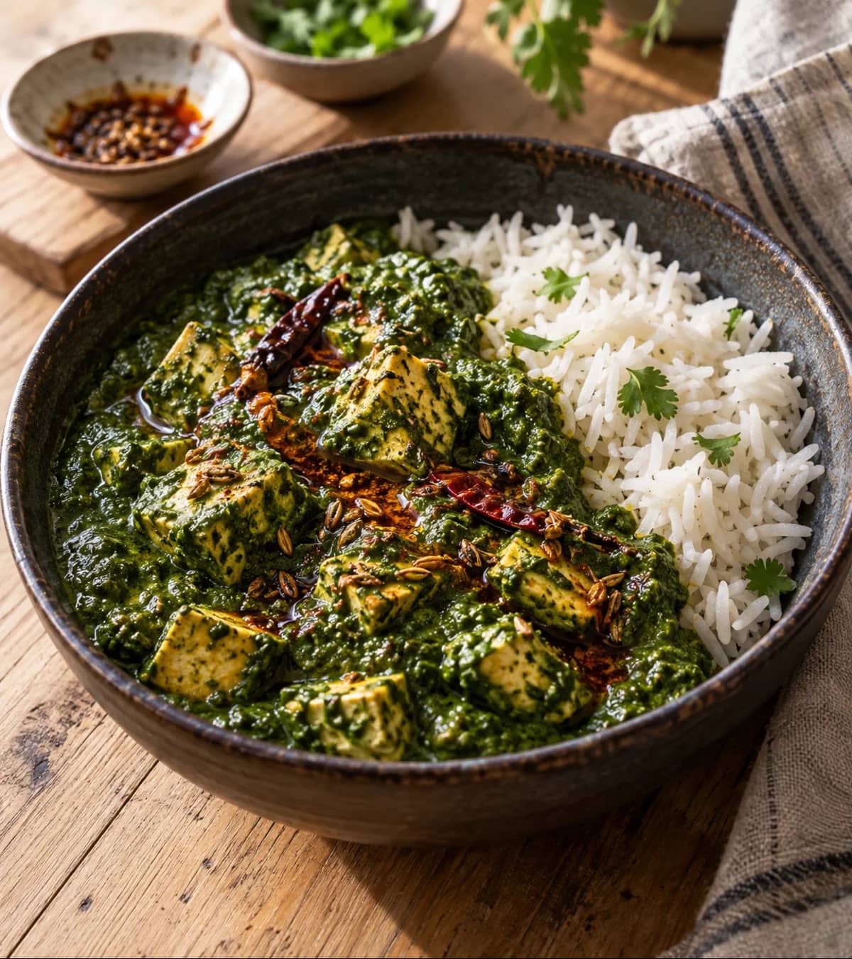 Rustic Spinach Tofu Curry with Basmati Rice