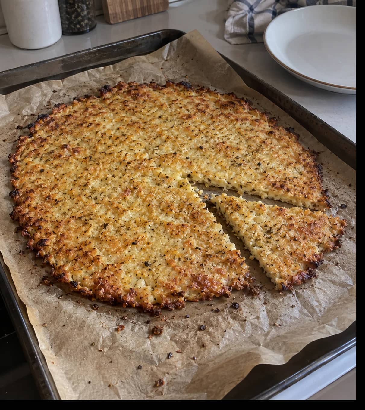 Golden Cauliflower Crust on Parchment