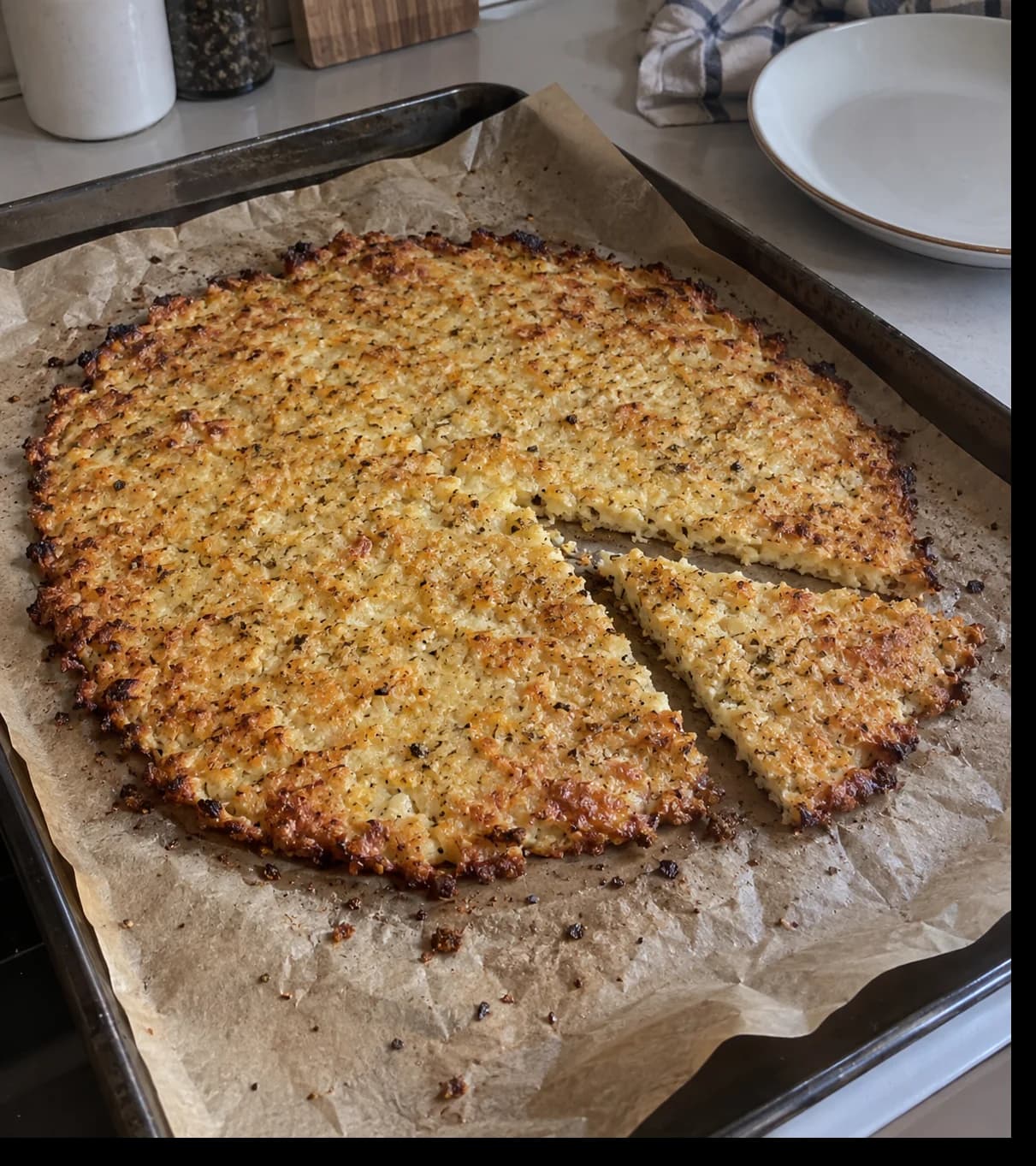 Golden Cauliflower Crust on Parchment