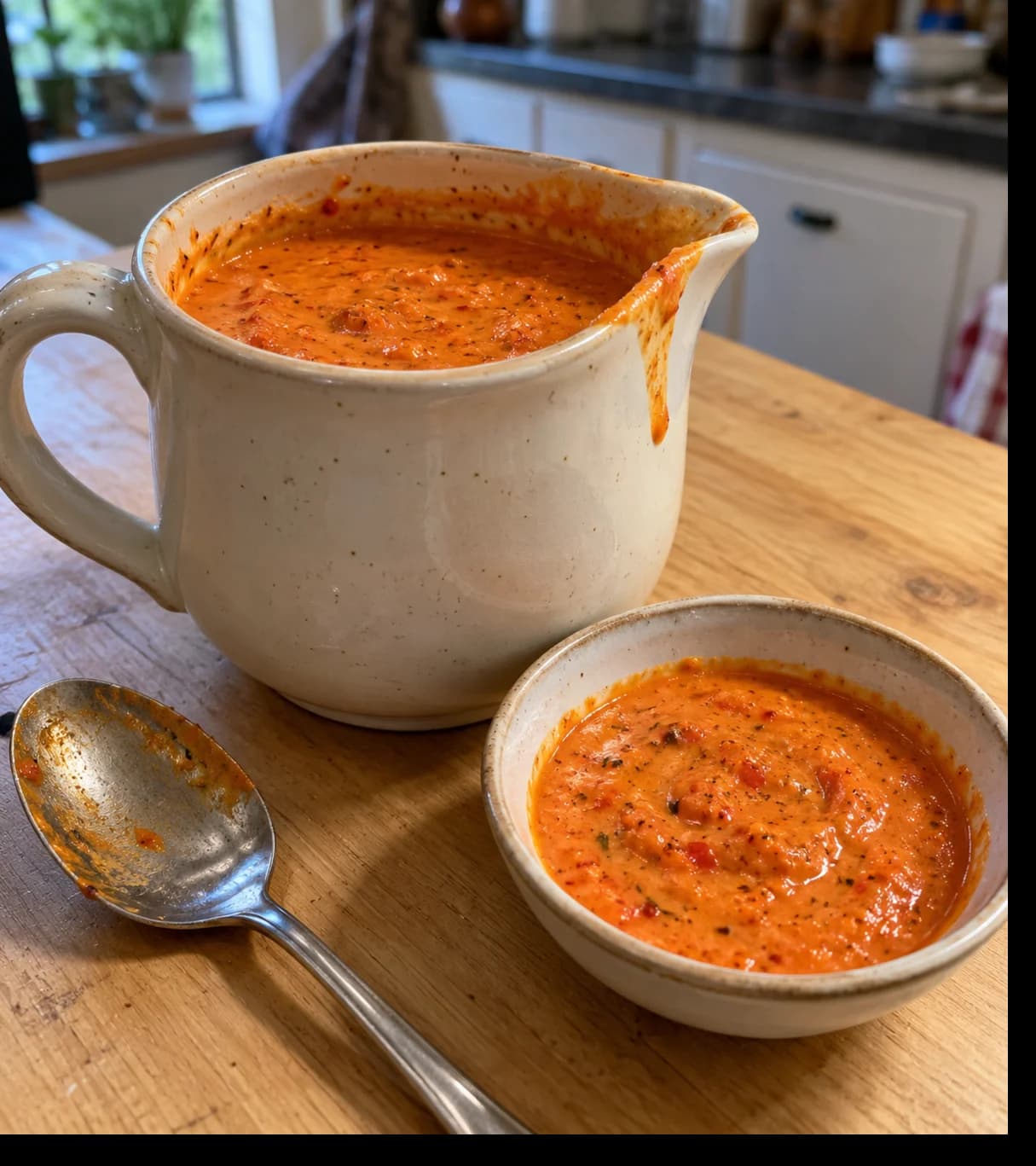 Creamy Roasted Pepper Sauce in a Rustic Kitchen