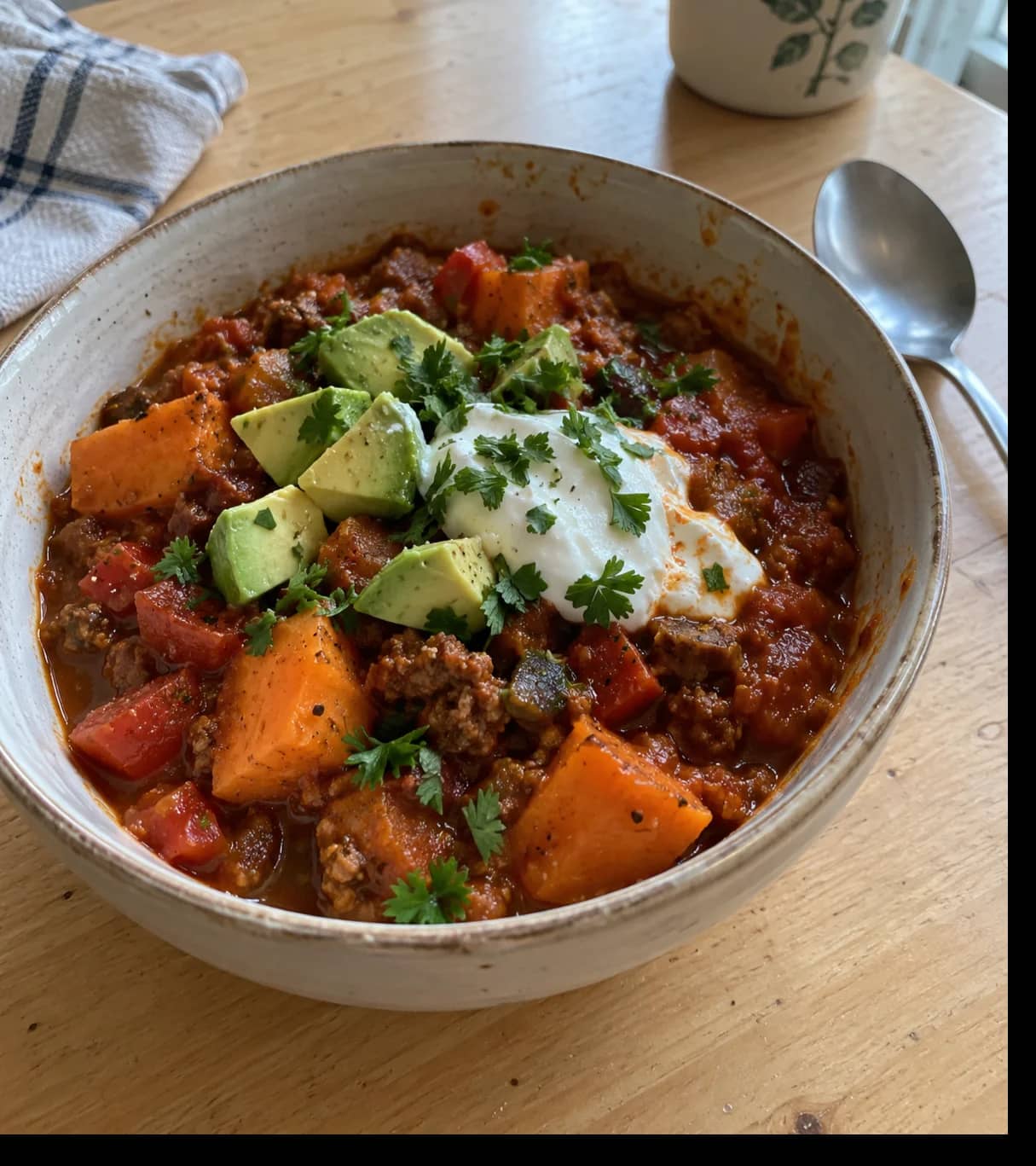Hearty Chili with Avocado and Cream