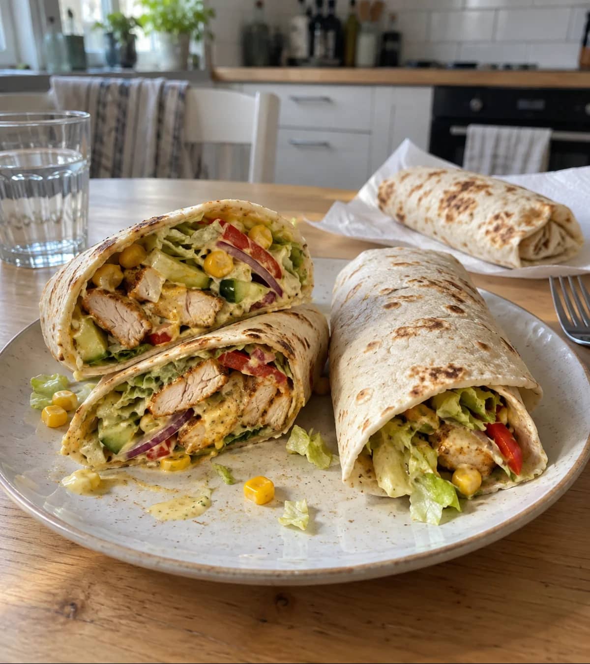 Appetizing Chicken Wraps on a Kitchen Table