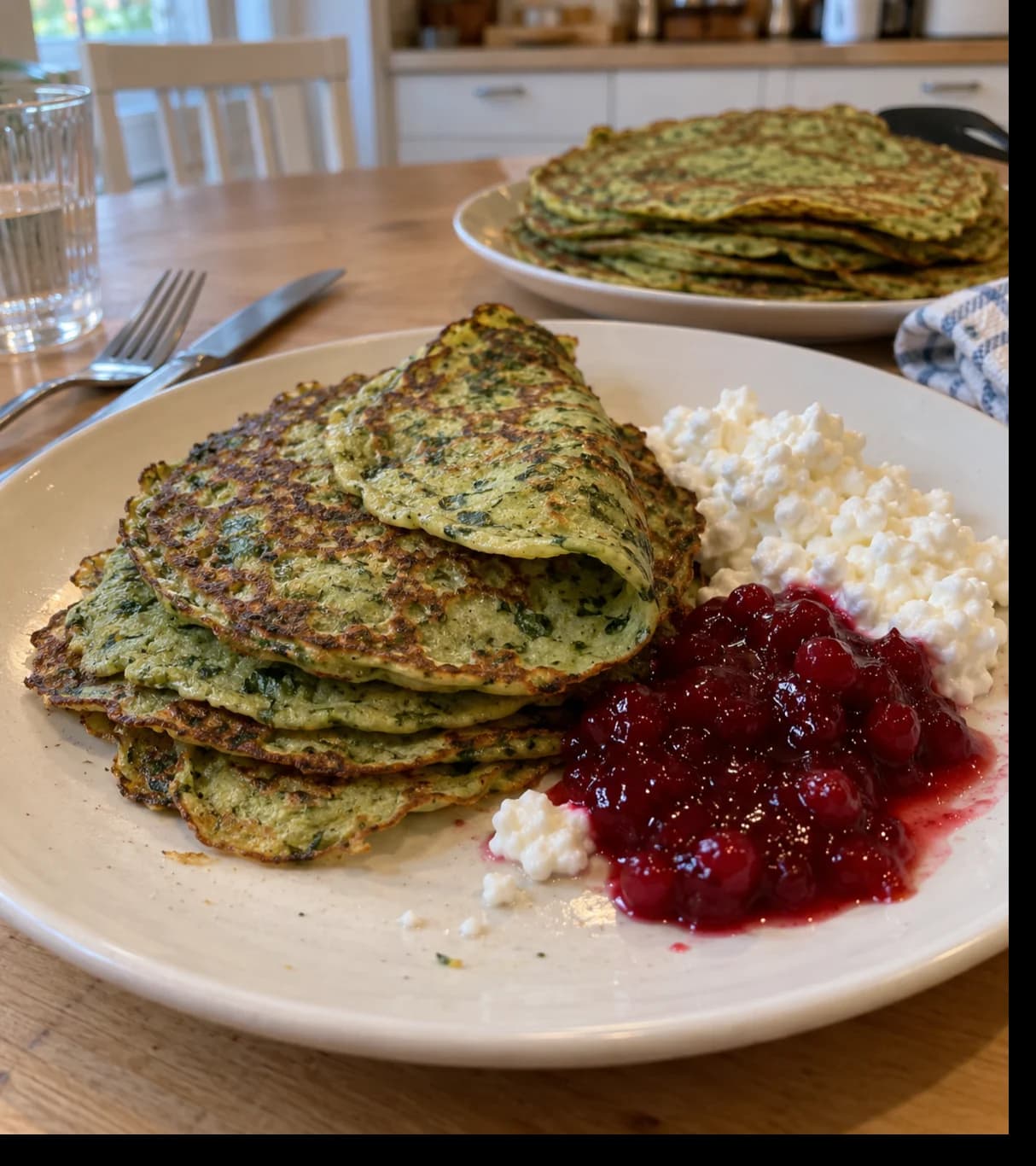 Rustic Spinach Pancakes with Jam and Cottage Cheese