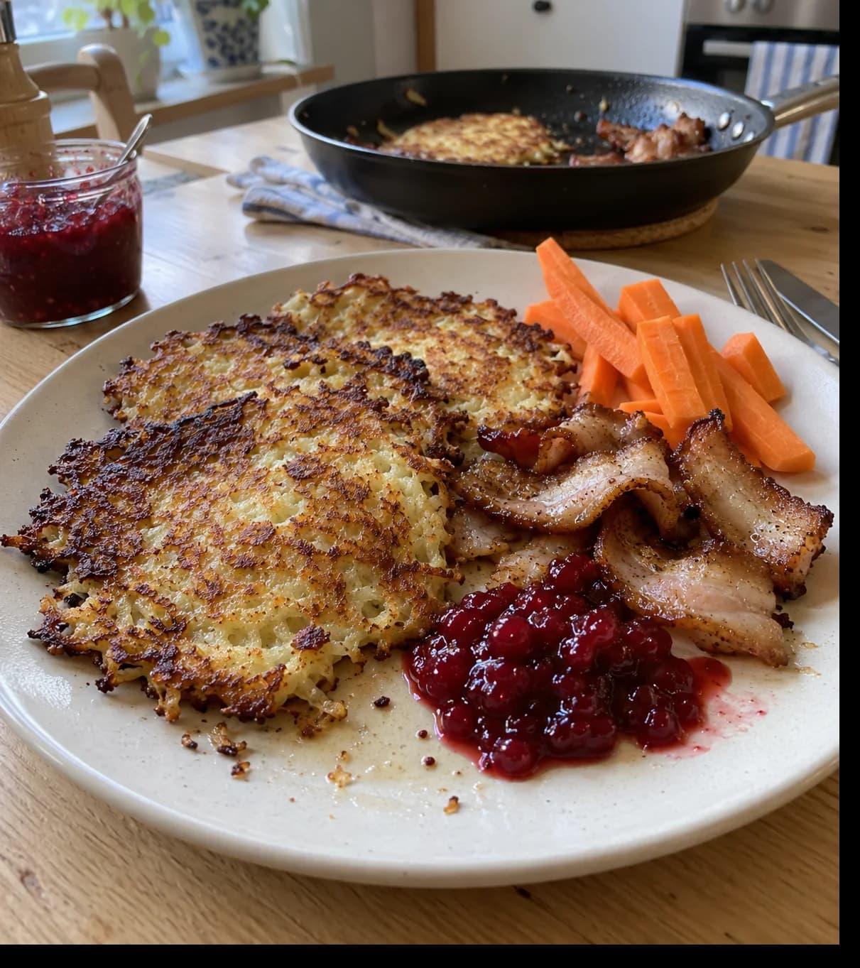 Rustic Potato Pancakes with Bacon and Jam