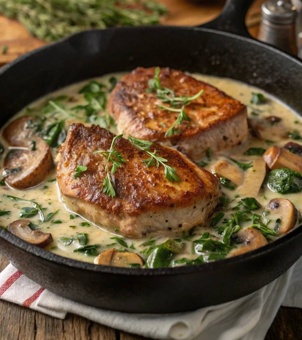 seared-pork-chops-served-in-a-creamy-spinach